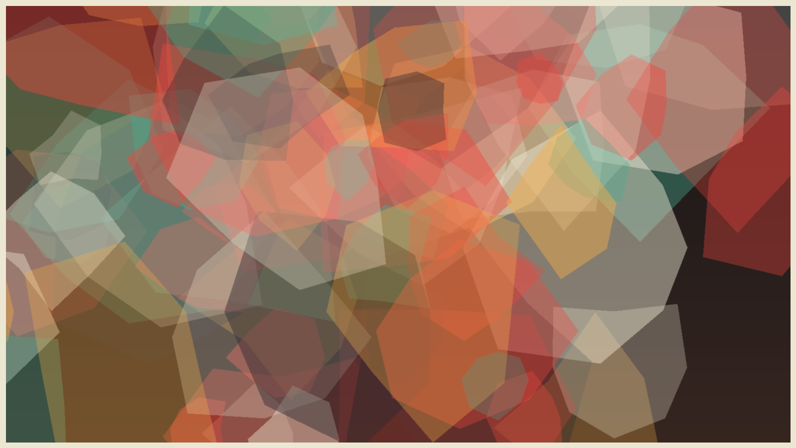 Abstract collage artwork in red, gold, green, and bone tones.